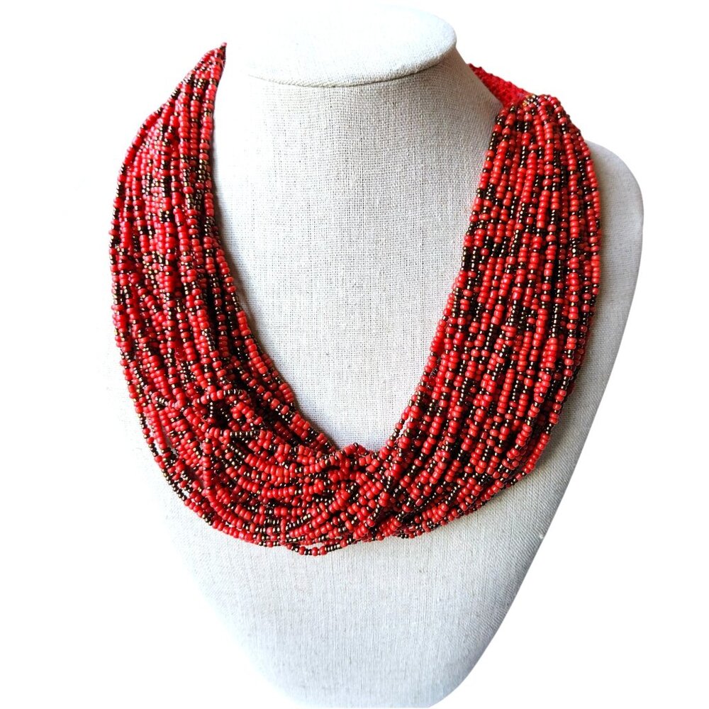 Multistrand Red & Bronze Glass Beaded Necklace With Woven Closure & Metal Button